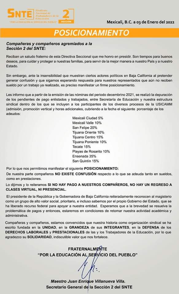 Por falta de pago, sección 2 del SNTE rechaza regreso a clases 3 WhatsApp Image 2022 01 03 at 9.32.14 PM