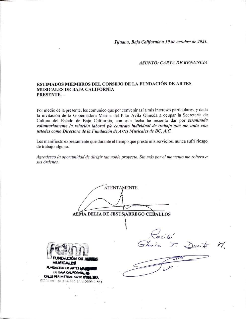 Fundación no actualizó su información reconoció titular de Cultura 3 Carta de renuncia