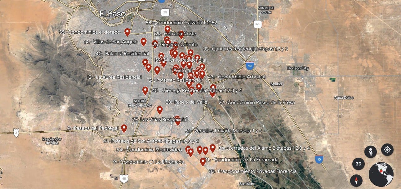 Inseguridad se dispara en colonias deshabitadas de Juárez 9 MAPA 1 FRACCIONAMIENTOS GOOGLE EARTH