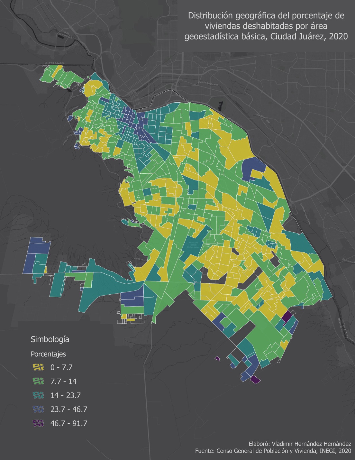 Inseguridad se dispara en colonias deshabitadas de Juárez 11 MAPA 2 VIVIENDA DESHABITADA CIUDAD JUAREZ DATOS INEGI 2020 ELABORACION VLADIMIR HERNANDEZ