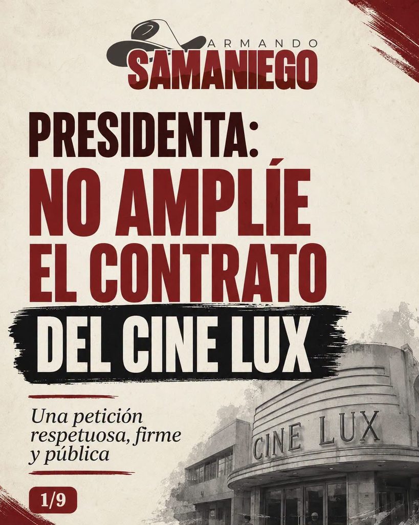 En sus redes sociales pidio no ampliar la renta al Cine Lux 1