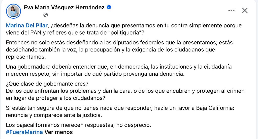 Marina del Pilar califica como «politiquería» denuncia del PAN por delincuencia organizada 1 Eva Maria Vasquez Hernandez